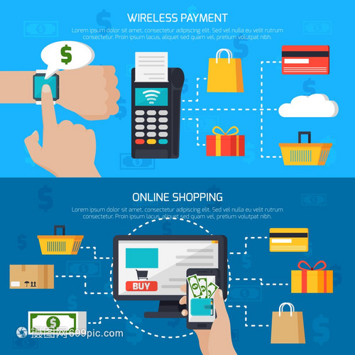 無線支付網(wǎng)上購物橫幅無線支付網(wǎng)上購物兩個水平橫幅與客戶用小工具購買互聯(lián)網(wǎng)平矢量插圖